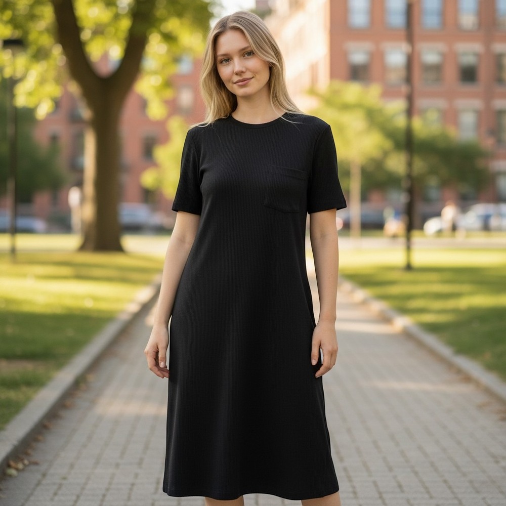 Madewell Ribbed Knit Midi Dress Black Short Sleeve Crew Neck Pocket Slits